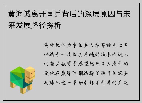 黄海诚离开国乒背后的深层原因与未来发展路径探析